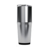 A drink bottle with a sleek silver and stainless steel design featuring a clear lid and a black base. It has a logo.