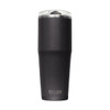 A drink bottle in matte black with a stainless steel lid and a logo on the front.