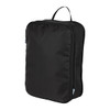 A black compression packing cube with a zippered closure and a handle on top, featuring a logo.