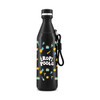 A drink bottle in black featuring a playful pattern of pineapples and tropical drinks, with a black strap and silver cap.