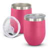 A drink bottle set featuring two pink vacuum cups with stainless steel rims and clear lids.