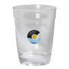 A drink bottle in clear glass featuring a logo with waves and a sun design.