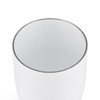 A white coffee cup with a smooth finish and a metallic rim. It features a logo on the surface.