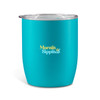 A teal coffee cup with a clear lid and a logo printed on the front.