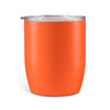 An orange insulated coffee cup with a transparent lid and sleek design, suitable for keeping beverages hot or cold.