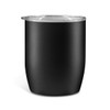 A black coffee cup with a clear lid and a sleek, minimalist design. It features a branding logo.