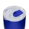 A drink bottle in a vibrant blue colour with a clear lid and a sliding opening. It features a logo.