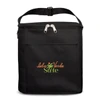 A black insulated bag with a zip closure and a logo on the front. It features a carry handle and a front pocket.