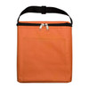 An orange insulated bag with a black zipper and a handle, featuring a front pocket.