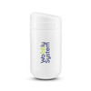 A drink bottle in white with a secure lid and a logo featuring colourful text.