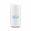 A white reusable coffee cup with a sealed lid and a logo on the front.