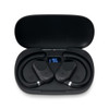 Black ear buds sitting in a charging case, featuring a digital display on the inside of the lid.