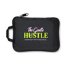 A black zippered pouch with a handle, featuring colourful text and a logo.