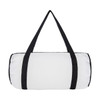 A white duffle bag with black straps and a zip closure, featuring a logo on the side.