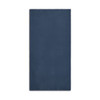 A dark blue sports towel features a smooth texture and includes a logo.