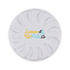 A round, white fragrance pot with a decorative logo in yellow and teal. Features a floral design on the surface.