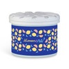 A round scent pot in blue featuring a colourful lemon and petal design, topped with a white lid and floral accents.