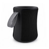 A black speaker with a textured fabric exterior and a grey handle. It has a modern cylindrical design.