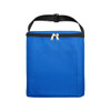 A blue insulated cooler bag with a zip closure and a carrying strap, featuring a front pocket and a logo.