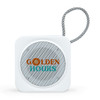A square white portable speaker with a mesh grille and a looped strap, featuring a logo on the front.