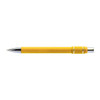 A yellow metal pen with a shiny chrome tip and a textured grip, featuring a branding logo.