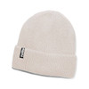 A light grey beanie with a folded cuff and a small logo tag. Ideal for winter wear.