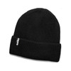 A black beanie with a ribbed texture and a small logo. Suitable for headwear.