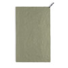 A lightweight, olive green cooling towel with a textured surface and a branded tag at the top.