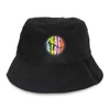 A black terry towelling bucket hat featuring a full-colour patch with a round design.