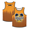 An orange tank top with vertical stripes, featuring a logo and a graphic of a star and pom-poms. It has a brand logo.
