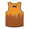 An orange active tank top with a gradient striped pattern and a logo on the back.