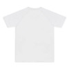 A white men's active t-shirt with short sleeves and a simple design, featuring a logo on the back.