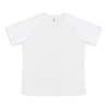 A white women's active V-neck T-shirt with short sleeves, featuring a logo on the label.