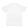 A white custom men's active polo shirt with a plain back and a collar. It features a logo.