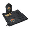 A black camping blanket laid out, with a matching carry pouch and a logo displayed on both items.