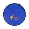 A round blue bag with a zip, featuring a logo in orange and yellow.