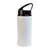 A drink bottle in white with a black lid and handle, featuring a built-in straw and branding on the lid.