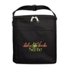 A black cooler bag with a zippered top and a front pocket, featuring a logo with palm trees and text.