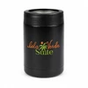 A black drink bottle with a logo featuring palm trees and text in orange and green.