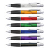 A set of plastic pens in various colours including clear, orange, red, green, blue, and purple, each with a silver trim and logo.