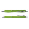 A translucent green plastic pen with a silver clip and accents, displayed in two positions.