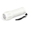 A white torch with a textured grip and a black strap, featuring multiple LED lights on the front.