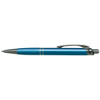 A blue metal pen with a textured grip and a silver clip. It features a logo on the side.