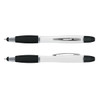 A multi-function pen featuring a white body and black rubber grip. It includes a pocket clip and has a sleek design.