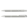 A metal pen in silver with a glossy finish, featuring a clip and decorative bands. Includes branding on the surface.