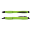 A green stylus pen with black accents and a sleek design, featuring both a ballpoint and stylus tip.