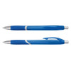 A translucent blue plastic pen with a silver accent and grip features, including a clip on the cap.