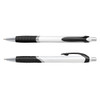 Two plastic pens with a white barrel and black accents, featuring a sleek design and a logo.