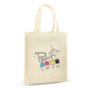 A natural beige tote bag with a logo featuring colour blocks and printing elements. It has two sturdy handles.