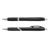 A set of two black plastic pens with coloured barrel accents and silver detailing. One pen features a grip section.